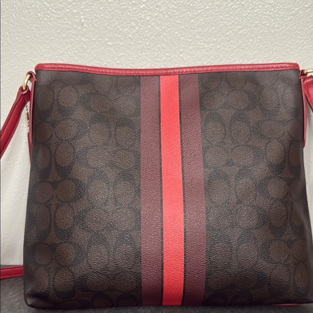 Unique Pristine Coach Brown Crossbody with Red Stripe and Red Strap - Picture 2 of 15
